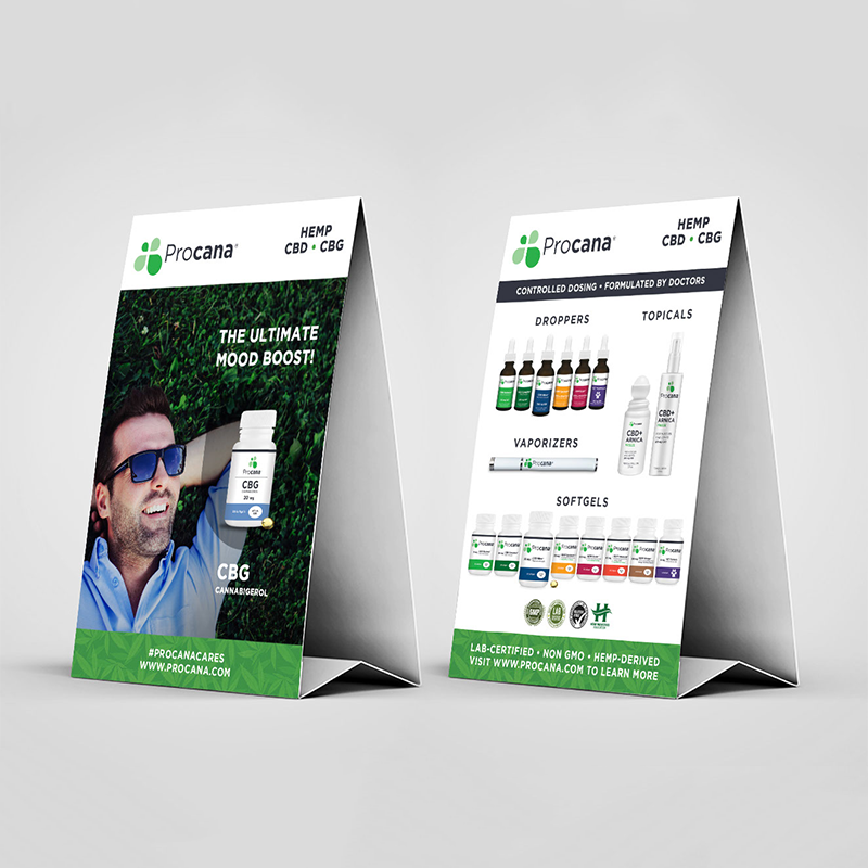 Procana CBG Products Mockup Procana CBG Counter Tent Cards Display